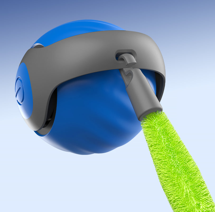 Blue and gray cleaning tool with a green bristle brush on a light blue background