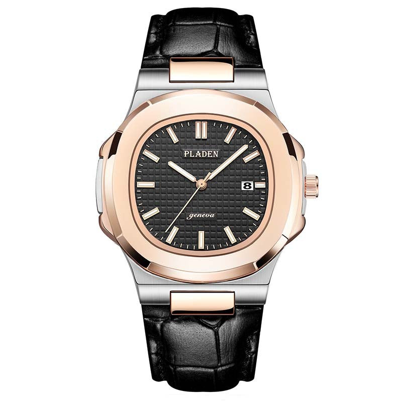 Luxury watch with black leather strap and rose gold accents on a white background