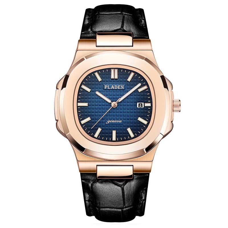 Luxury watch with rose gold case and black leather strap on a white background