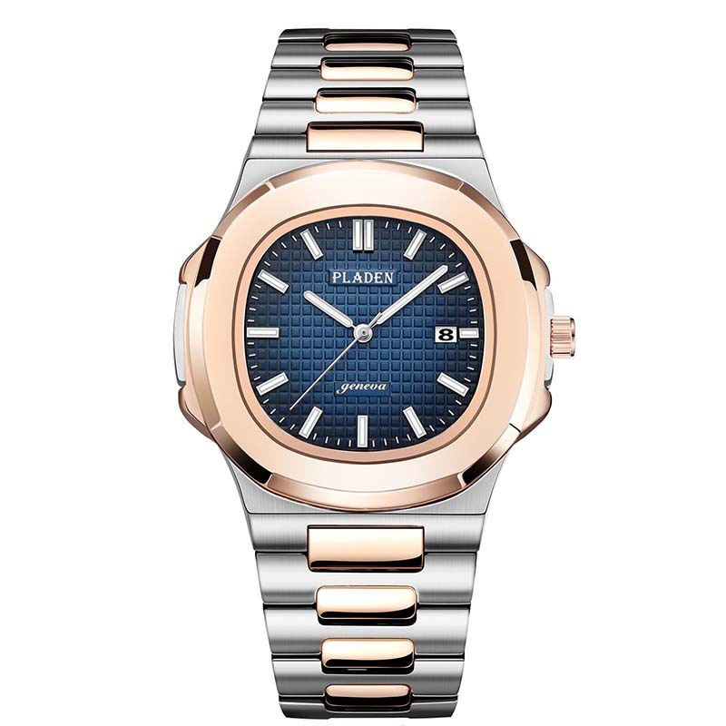 Luxury watch with silver and rose gold band on a white background