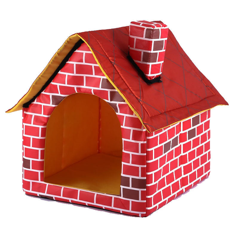 Red brick-patterned pet house with a chimney on a white background