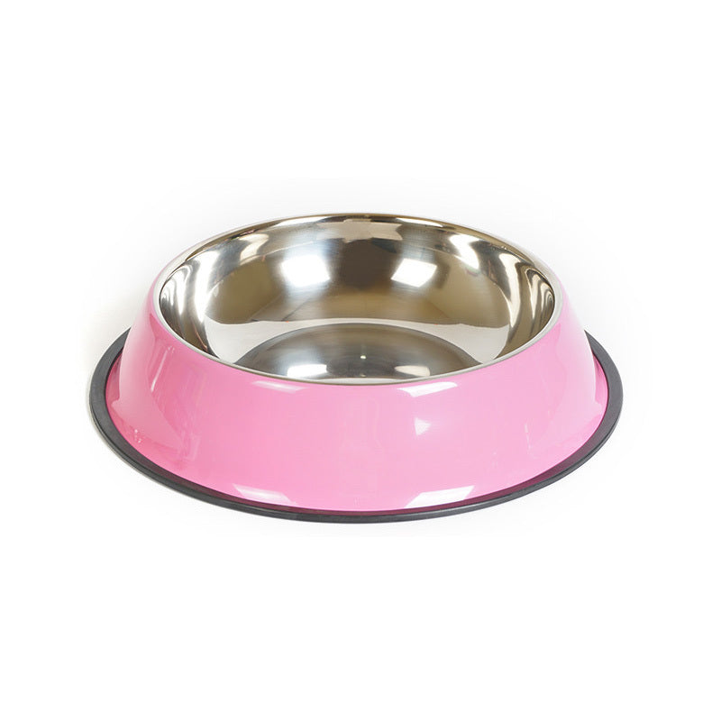 Pink pet bowl with a metal interior on a white background
