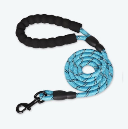 Blue dog leash with black handle on a white background