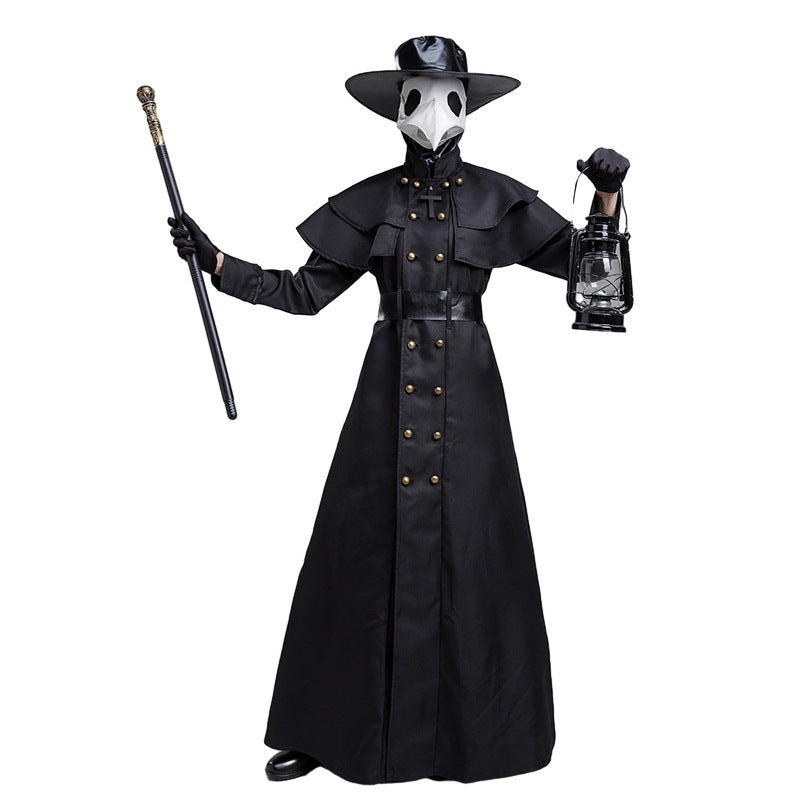Person wearing a black plague doctor costume with a mask, cane, and lantern on a white background