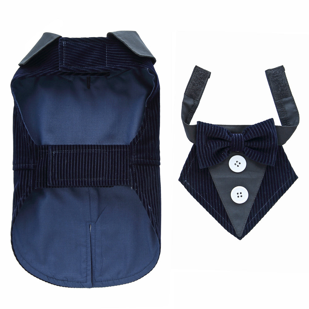 Navy blue dog coat with matching bow tie and vest set on a white background