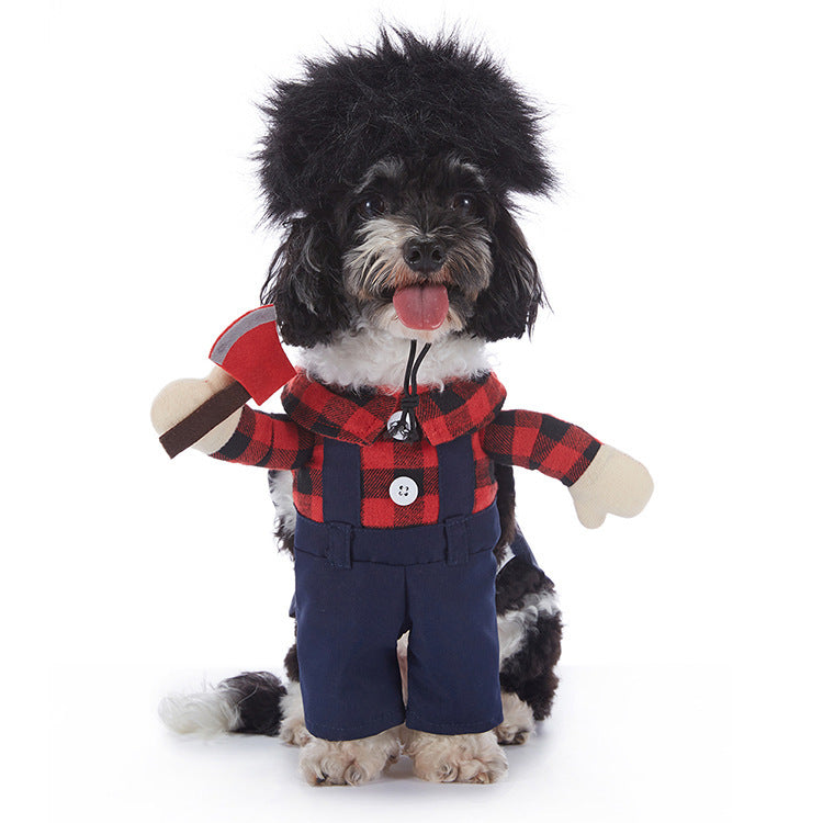 Dog wearing a red and black checkered sweater with blue pants on a white background