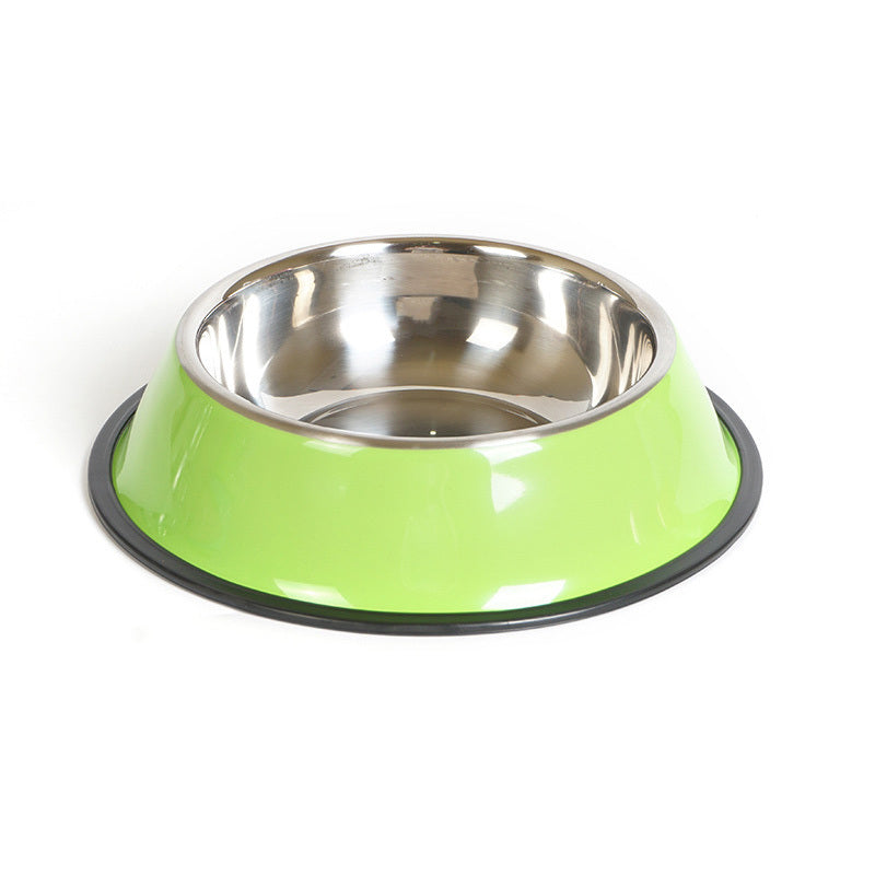 Green pet bowl with a metal interior on a white background