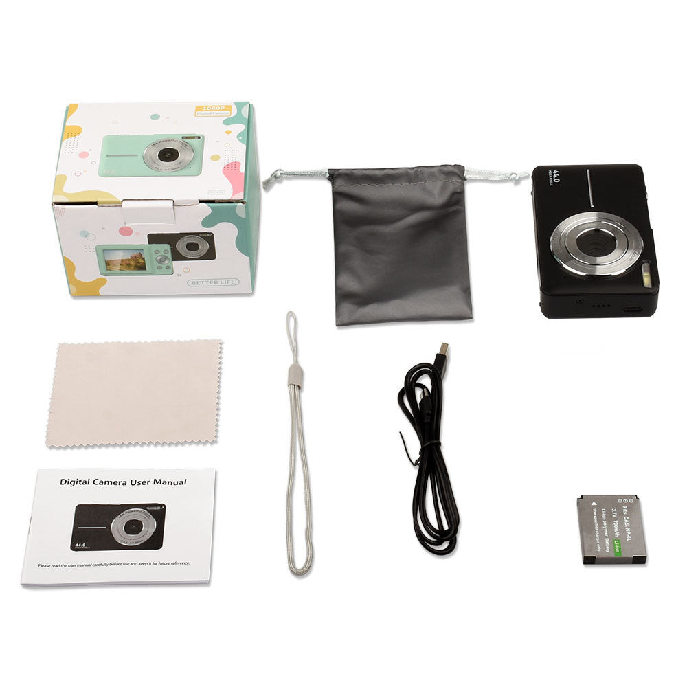 Digital camera set with packaging, cleaning cloth, user manual, battery, and cable on a white background