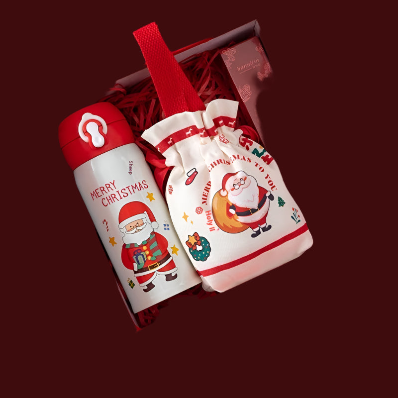 Christmas-themed gift set with thermos cup, candy bag, and hand cream in a red box.