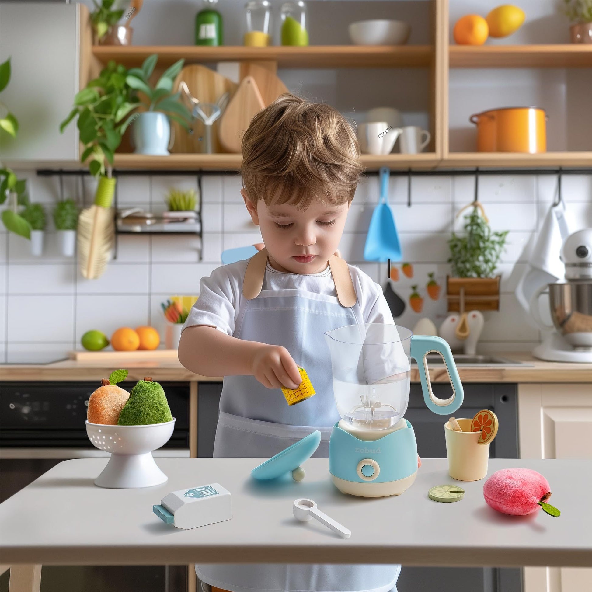 Child in a kitchen playing with a toy blender