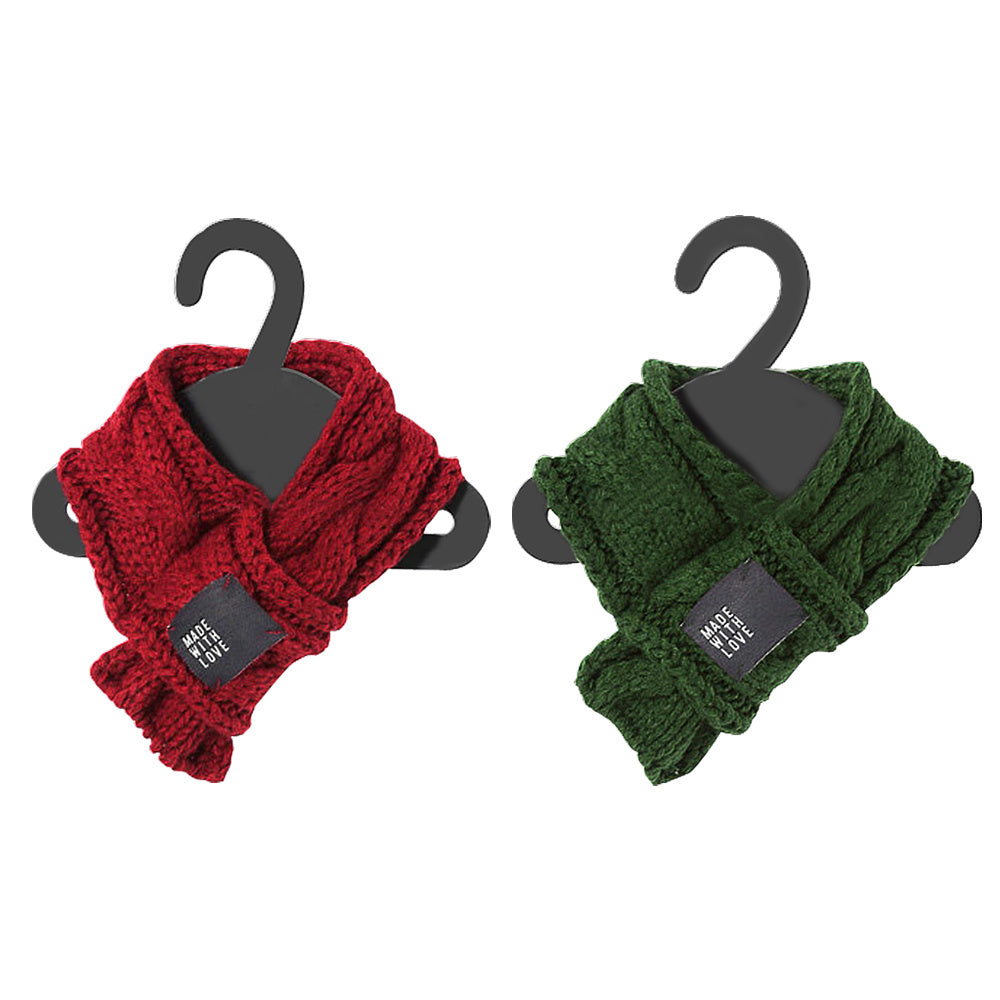 Two knitted scarves, one red and one green, on hangers with visible brand labels.