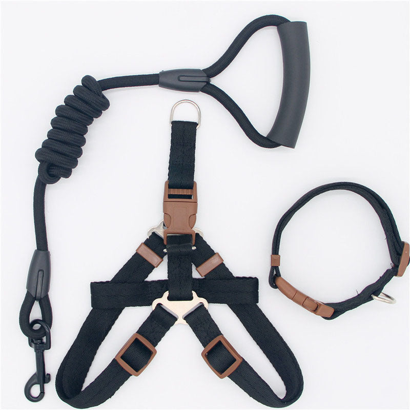 Dog training harness and leash set with black and brown straps on a white background