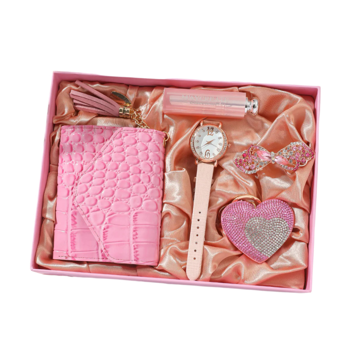 Pink gift set with a watch, phone case, and other accessories in a box.