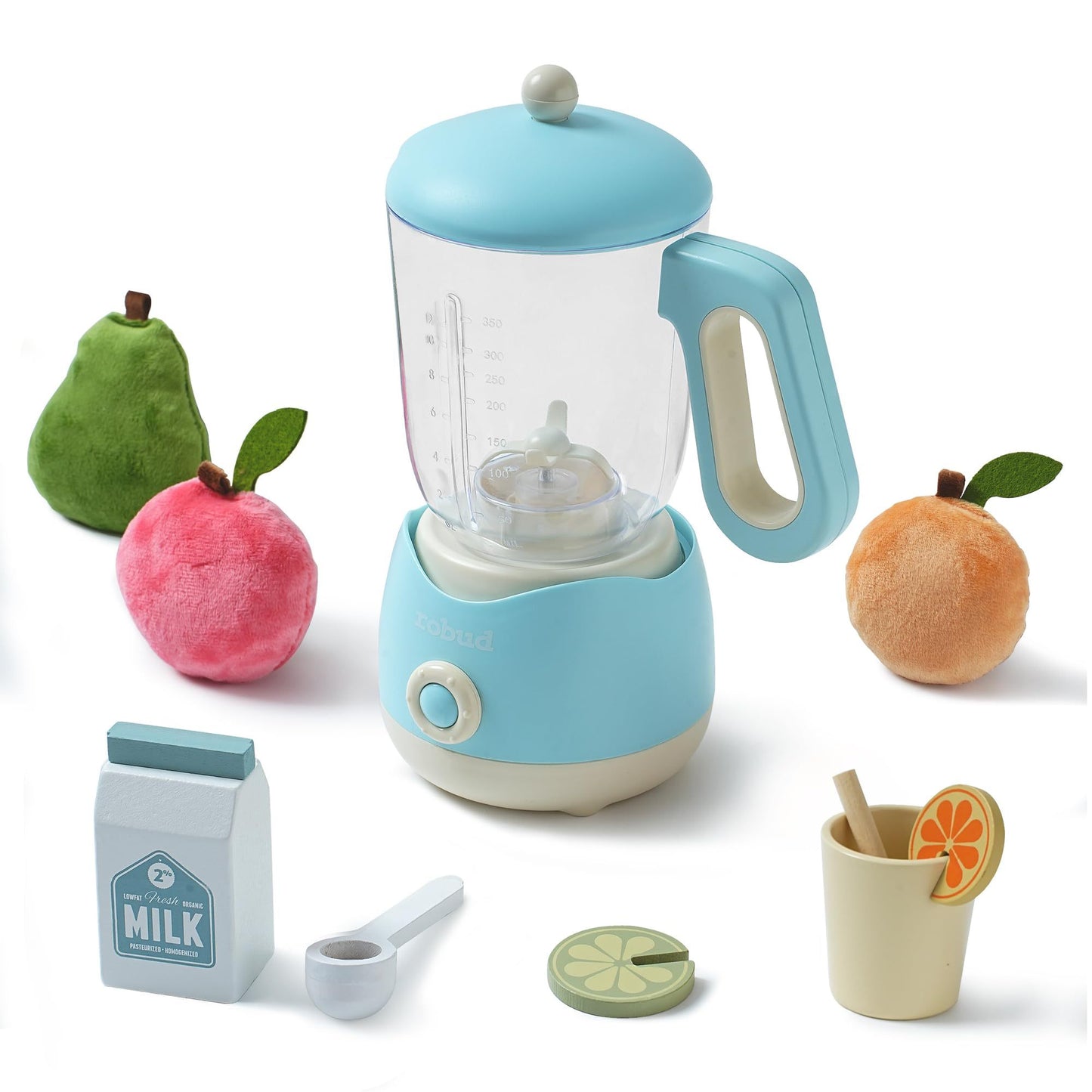 Children's toy blender set with fruits, milk carton, and cups on a white background