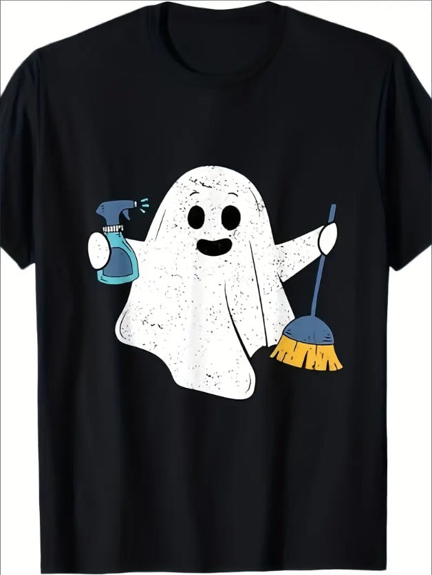 Black t-shirt with a cartoon ghost holding a spray bottle and broom on a white background