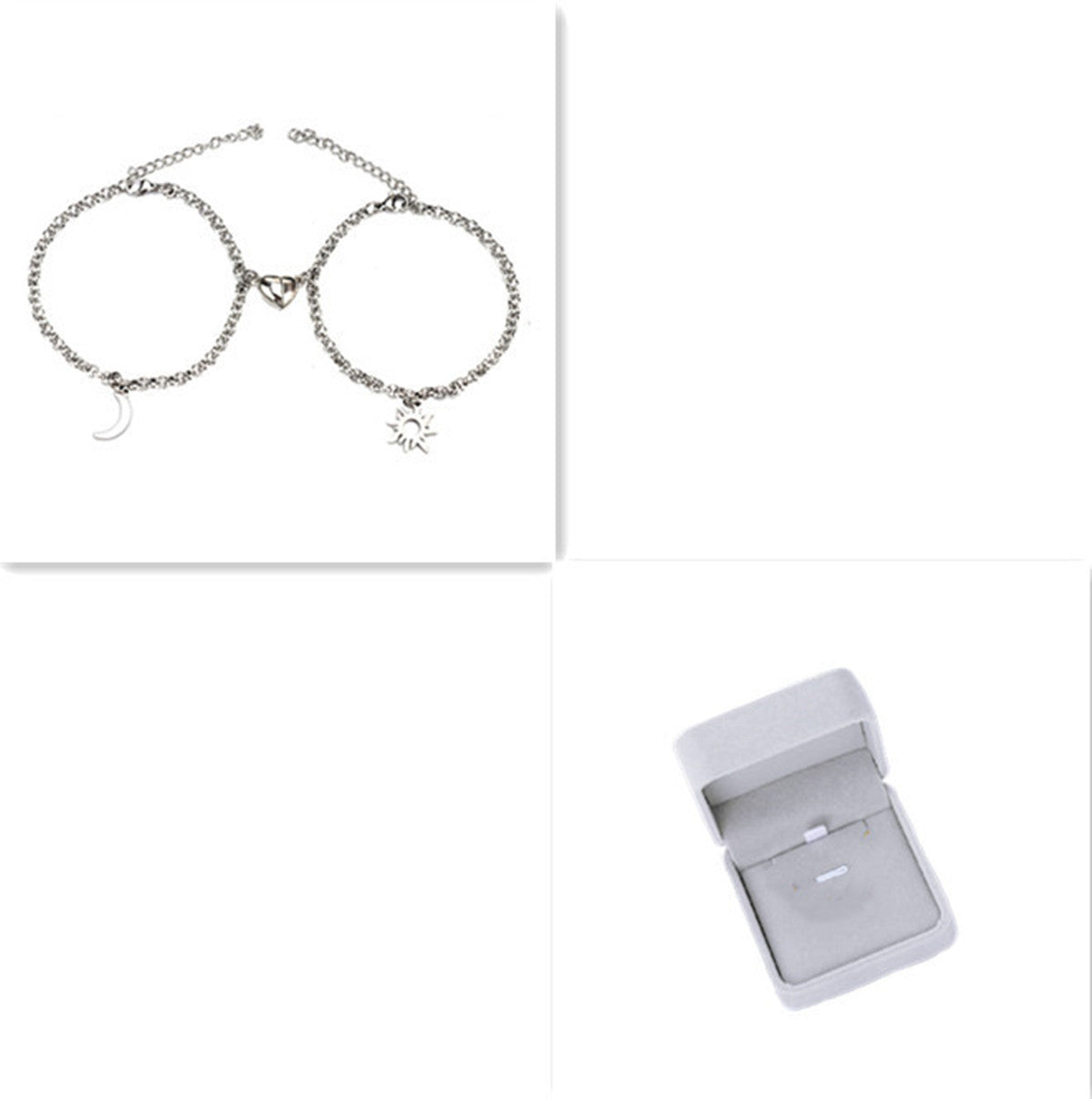 Silver bracelet with heart charm and open jewelry box on a white background