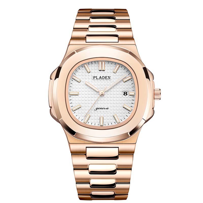 Rose gold watch with a white face on a white background