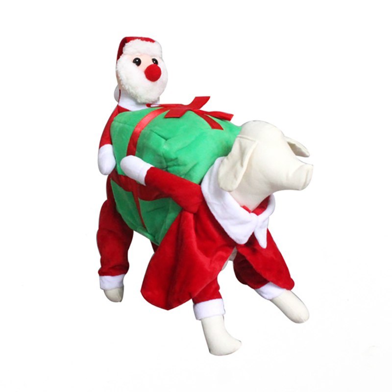 Dog costume dressed as a Santa Claus with a green bag on a white background