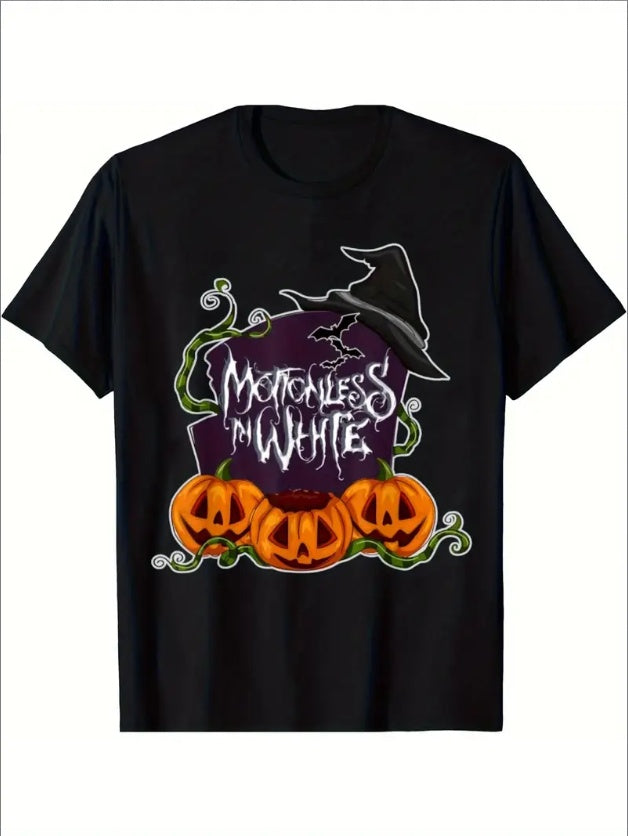 Black t-shirt with Halloween-themed design featuring pumpkins and text on a white background