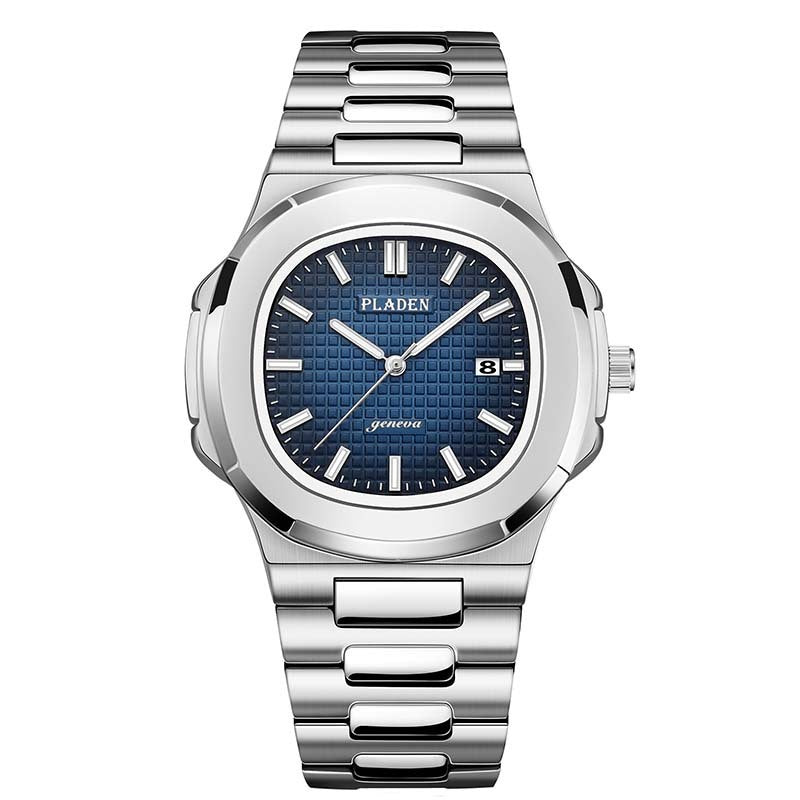 Silver watch with blue dial on a white background