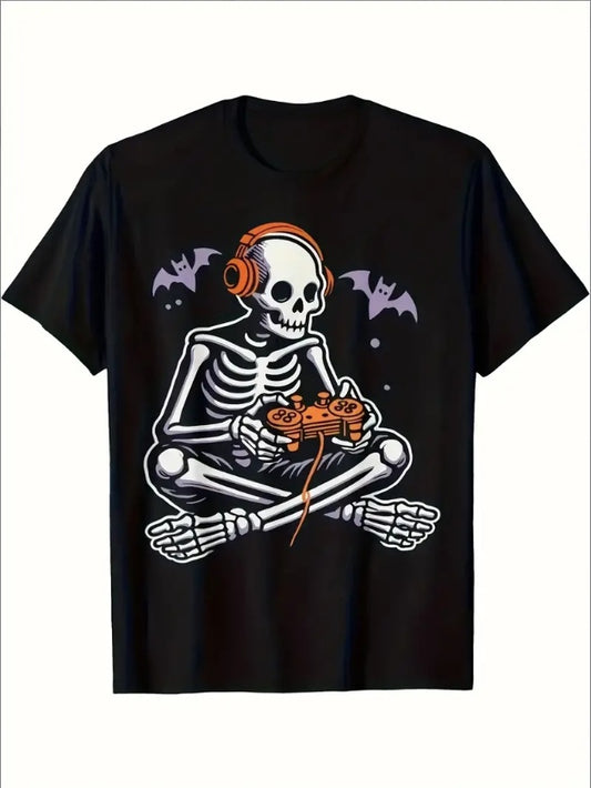 Black t-shirt with a skeleton wearing headphones and playing a guitar graphic design.