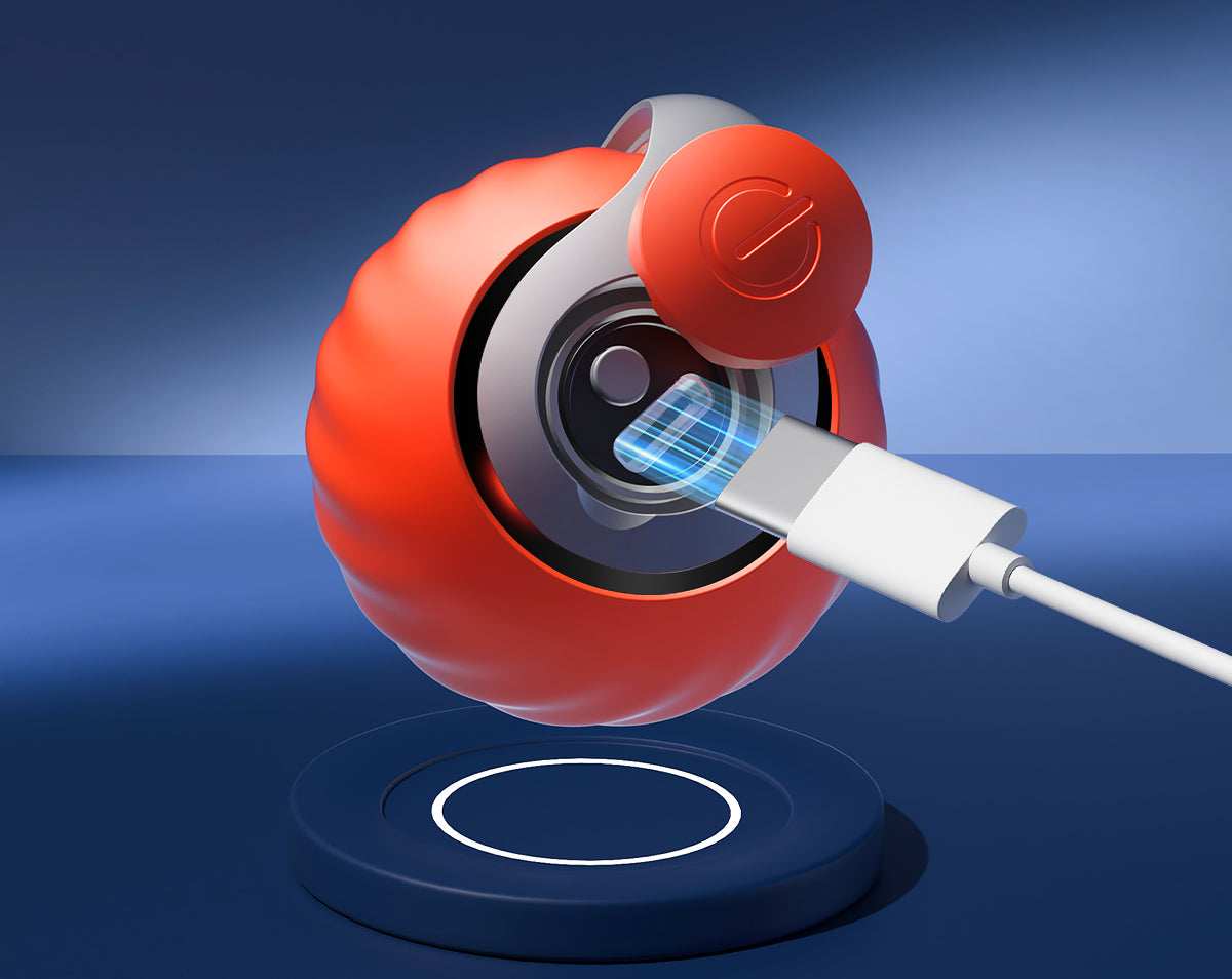 Red spherical device with a white cable on a blue background