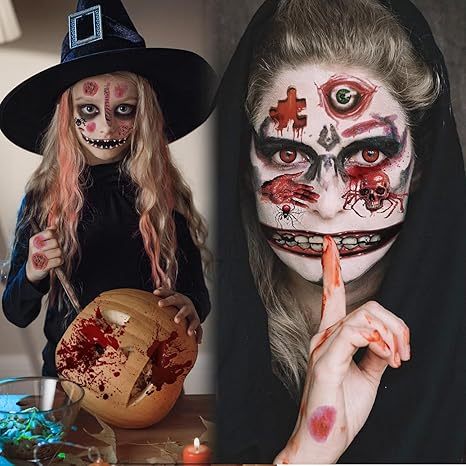 Person in Halloween costume with makeup and props, including a witch hat and a carved pumpkin.