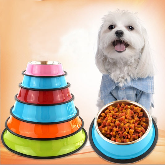 Colorful pet feeding bowls with a dog and a bowl of food on a wooden surface.
