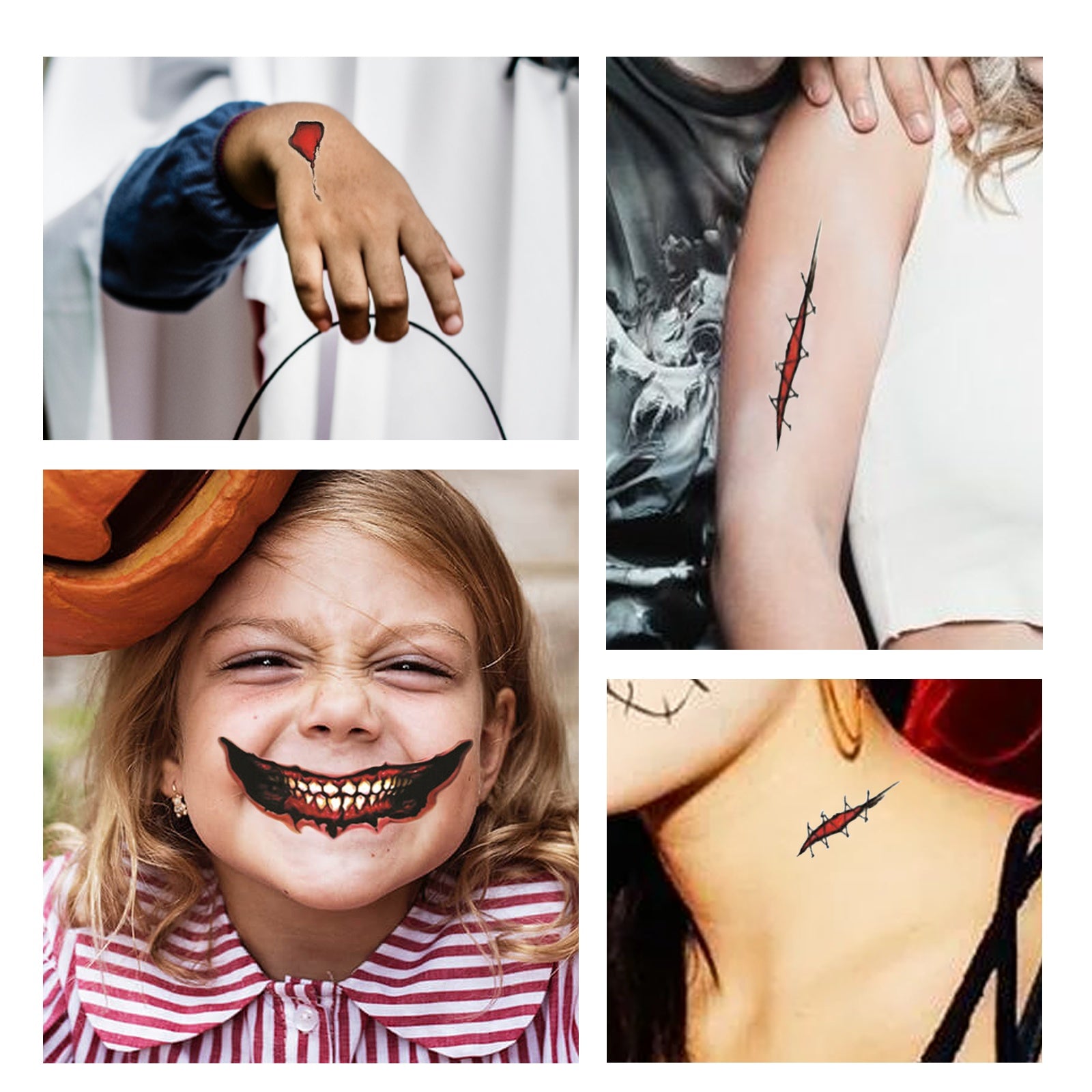 Collage of tattoos on different body parts and a child with Halloween makeup.