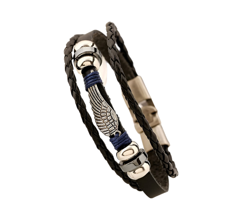 Black braided leather bracelet with silver and blue accents on a white surface.
