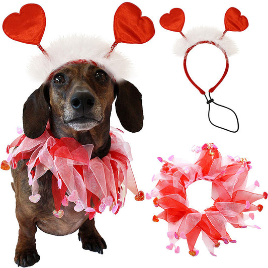 Dog wearing a Valentine's Day costume with heart-shaped accessories on a white background