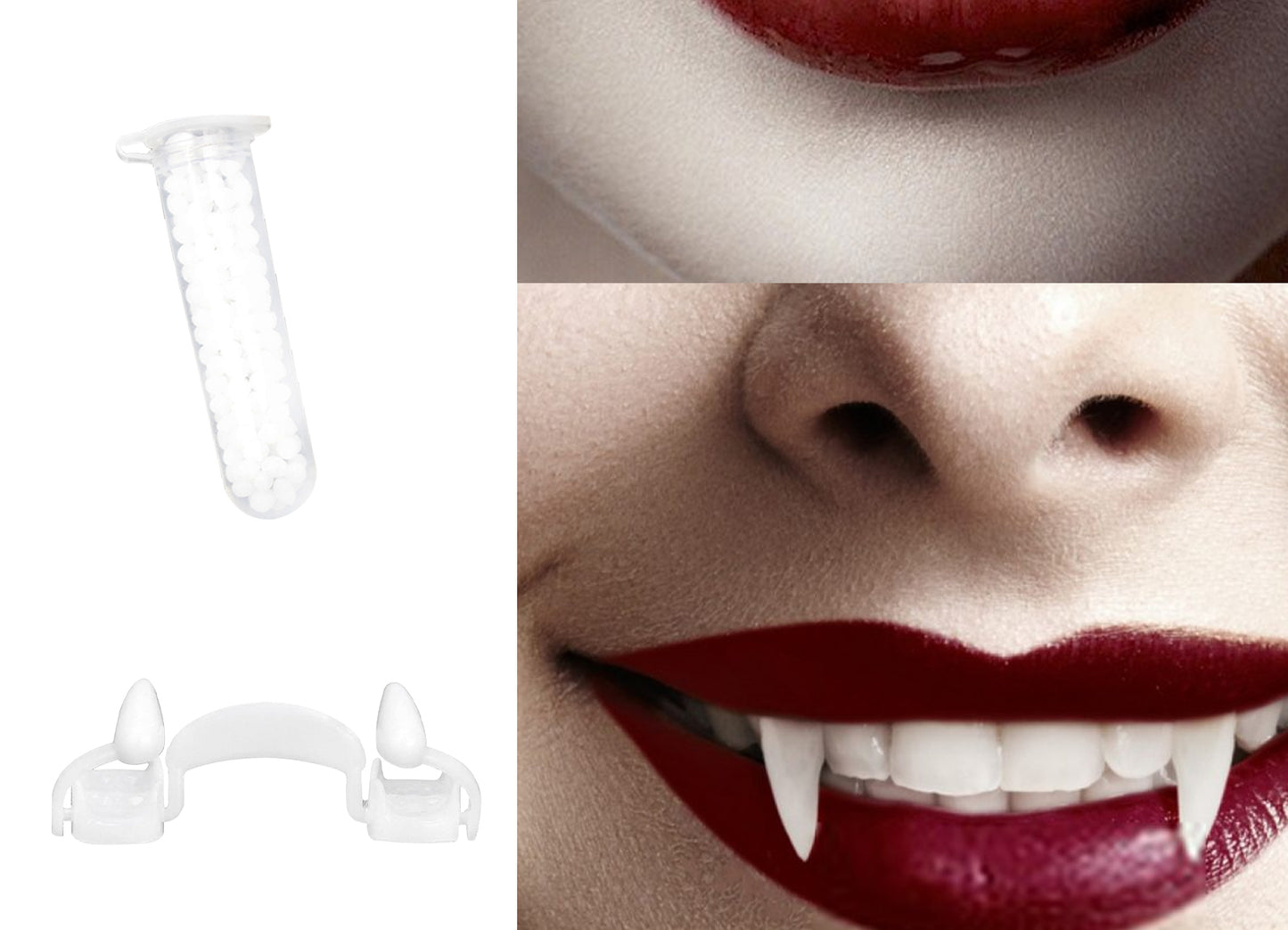 Vampire dentures with a close-up of a person wearing them.