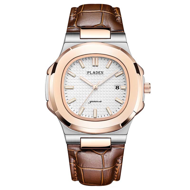 Watch with brown leather strap and rose gold casing on white background