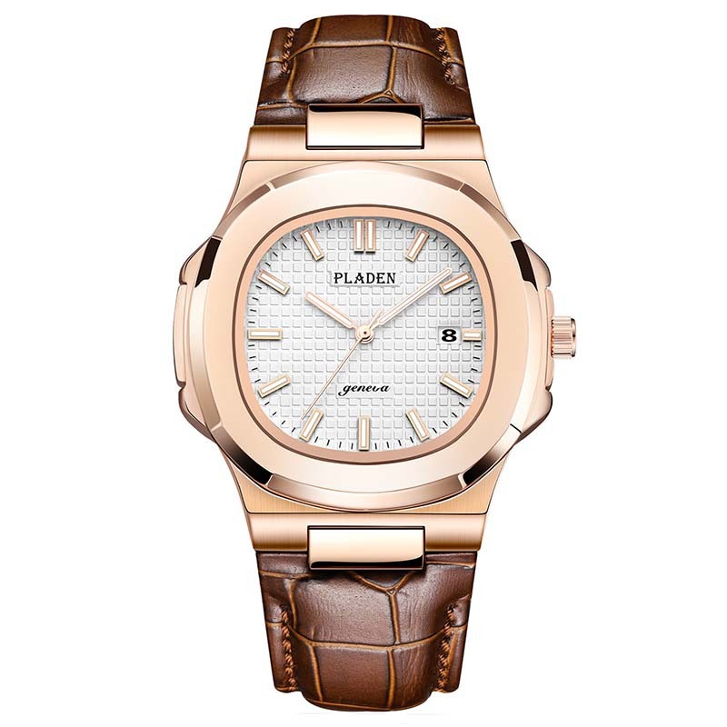 Watch with brown leather strap and rose gold casing on a white background