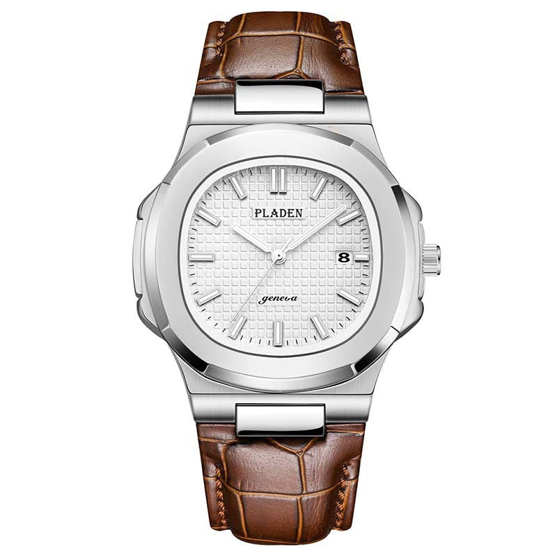 Watch with brown leather strap and silver case on a white background