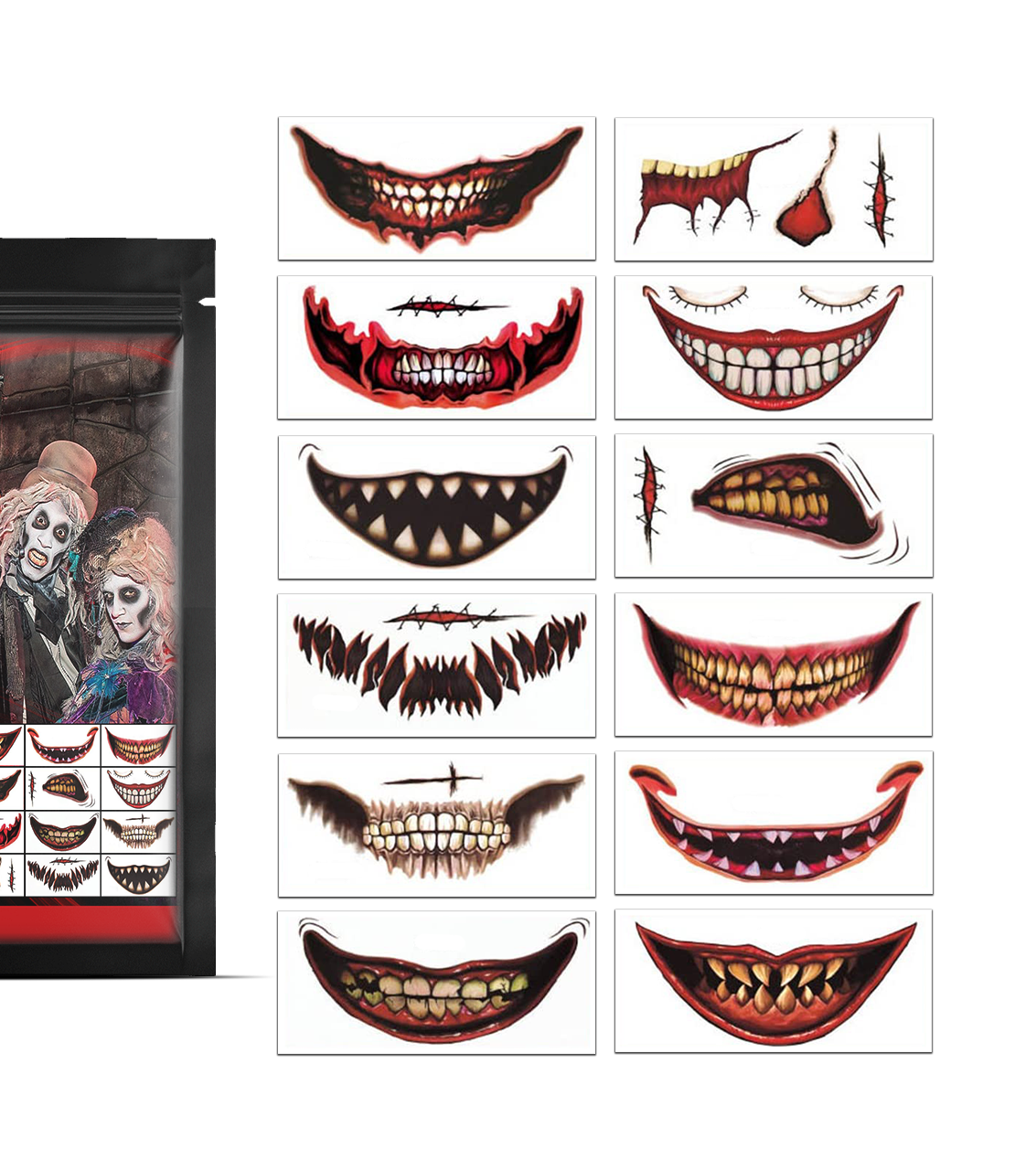 Collection of Halloween-themed temporary tattoos with various designs on a white background.