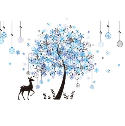 Decorative design with a tree, deer, and hanging ornaments on a white background