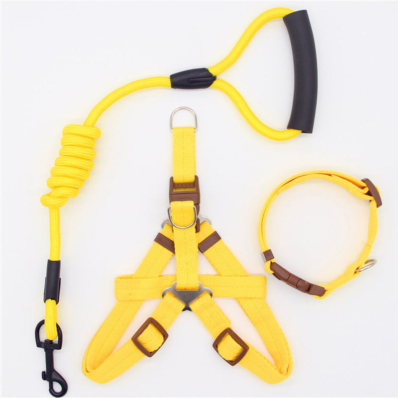 Yellow safety harness with black and brown accents on a white background