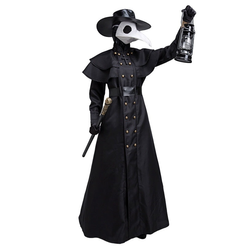Person wearing a black plague doctor costume with a mask and lantern on a white background