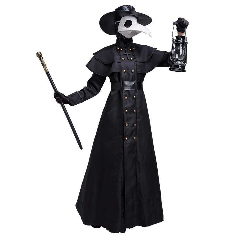 Person wearing a black plague doctor costume with a mask, hat, and lantern on a white background