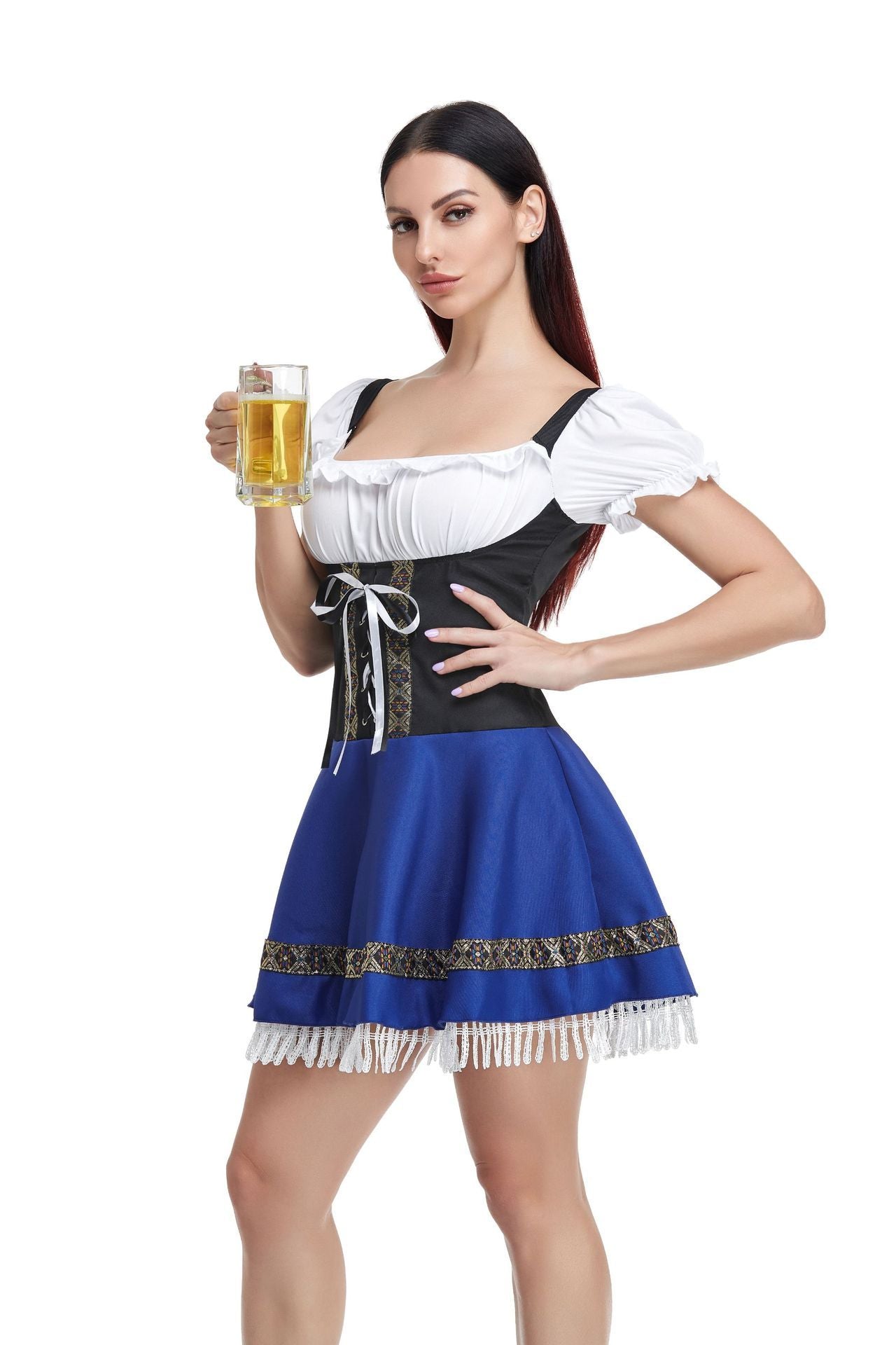 Woman in a traditional Bavarian dress holding a beer glass on a white background